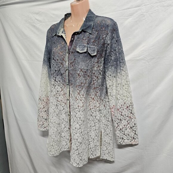 Aratta Silent Journey Button Up Lace Top Blouse Shirt Women Size M Ombre Cotton - Picture 9 of 16